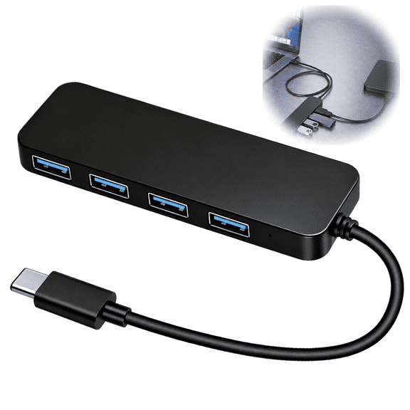 4-Port USB 3.0 Hub, High-Speed USB Splitter, Slim USB C Hub Docking Station for Laptop PC, Flash Drive, Printer