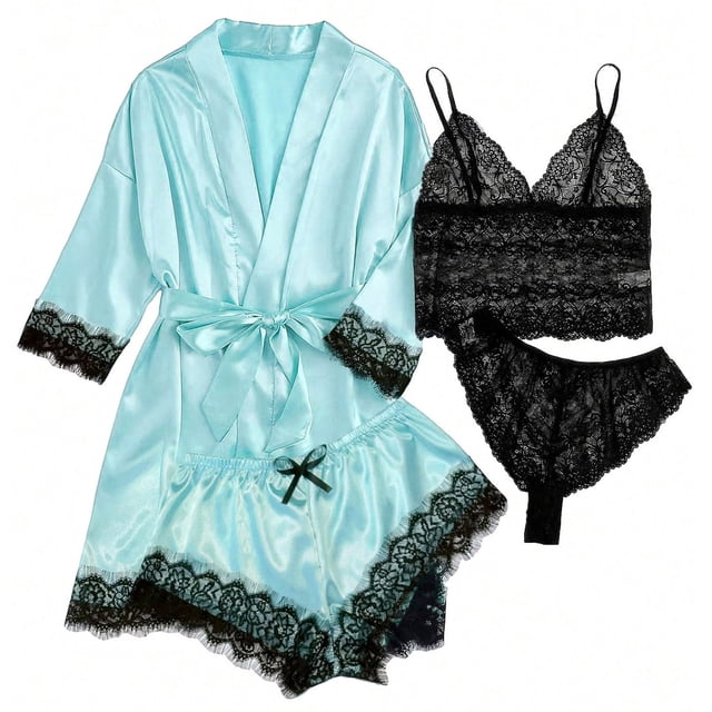LSLJS 4PC Women Sexy Garter Lingerie Set Robes Lace Bodysuit Deep-V Neck Underwear