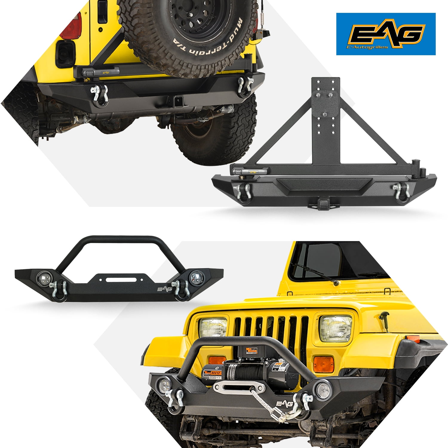 EAG Front Bumper with LED Lights + Rear Bumper with Tire Carrier Combo