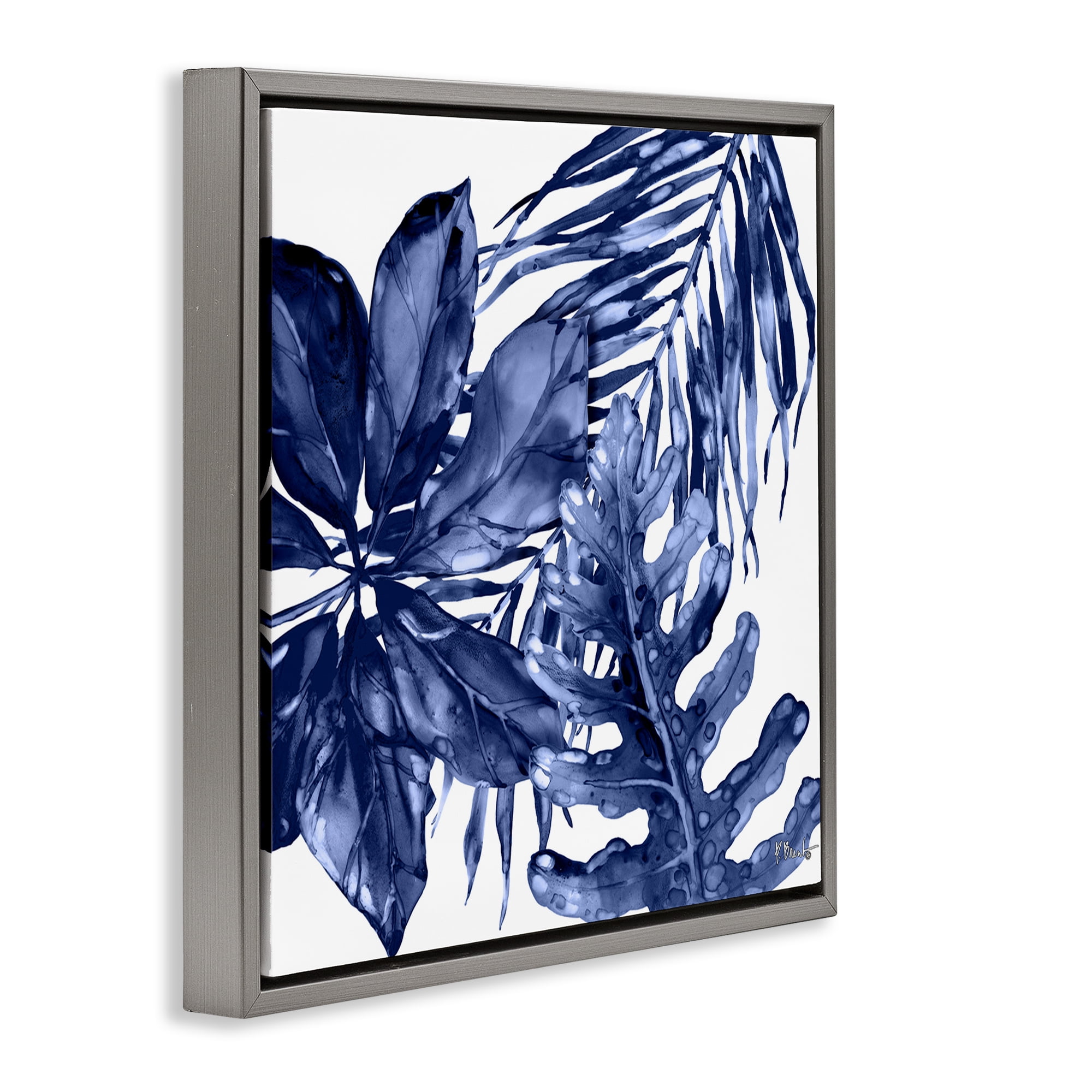 Stupell Industries Blue Hued Plant Leaves Botanical & Floral Painting Gray Floater Framed Canvas Art Print Wall Art, 18 x 18