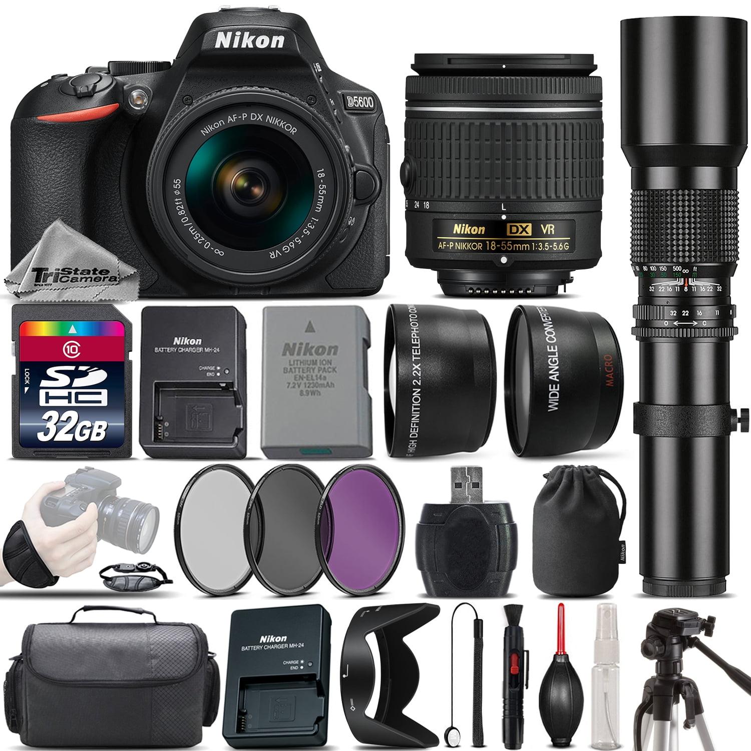 Nikon D5600 DSLR Camera + Nikon 1855mm VR Lens + 500mm Telephoto Lens