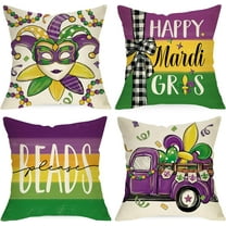 Mardi Gras Decorative Throw Pillow Covers 18 x 18 Set of 4, Beads Please Jester Mask New Orleans Carnival Cushion Case Decor, Purple Truck Fleur De Lis Masquerade Home Decoration for Sofa Couch