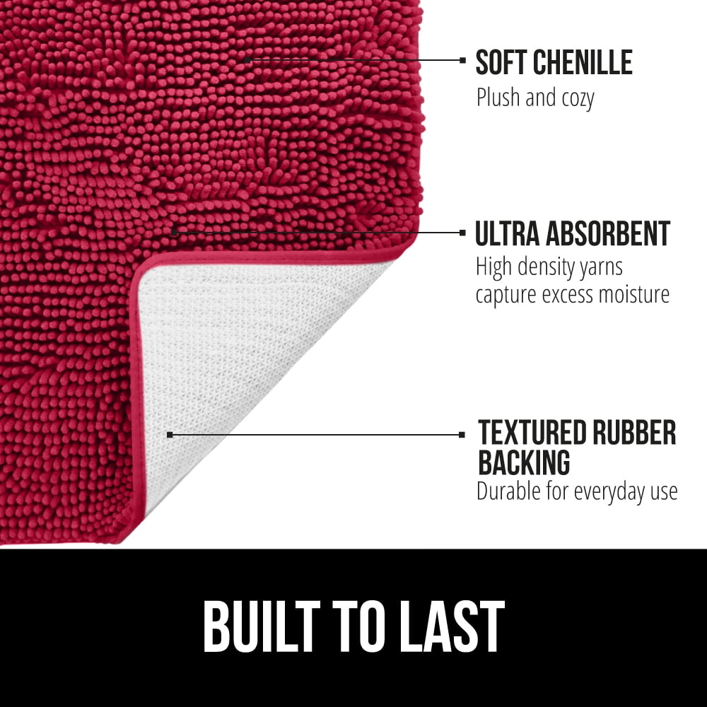 GORILLA GRIP Chenille Bath Rug 30x20, Rubber Backing Quick Dry Washable Microfiber Mats, Red