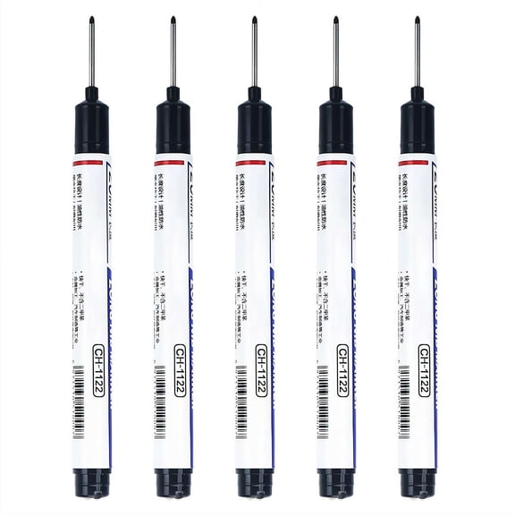 5Pcs Black Long Head Deep Hole Marker Pens, 20mm Long Nib Permanent Markers with 6cm Ruler, Quick-Dry Waterproof Ink, Construction Marking Tool for Metal Wood Concrete Carpenter Woodworking