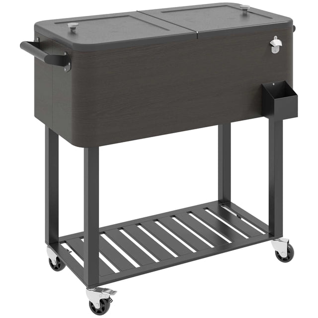 Chariot-bar Refroidisseur de Boissons d'Extérieur de 67 Qt avec Roues Roulantes, Coffre à Glace Isolé Gris avec Tablette de Rangement Inférieure et Ouvre-Bouteille Intégré pour Patio, Jardin et Fêtes BBQ