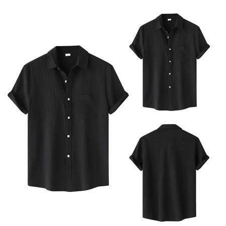 Gyexs Mens Button Down Short Sleeve Shirt Black Lightweight Cotton Shirts Textured Classic Fit Tshirt Holiday Men Apparel Size L