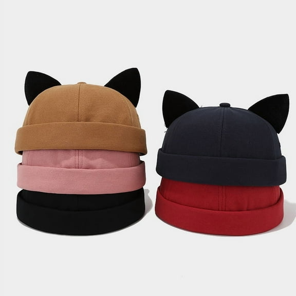 Cat Ear Docker Cap Brimless Hats Beanie for Women Men Skull Cap Worker Sailor Cap Rolled Cuff Retro Docker Hat