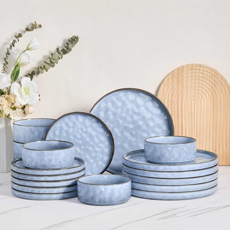 18 count Dishes Sets for 6, Stoneware Dinnerware Dishwasher & Microwave Safe, Ceramic Plates and Bowls Sets for Kitchen Restaurant, Haze Blue