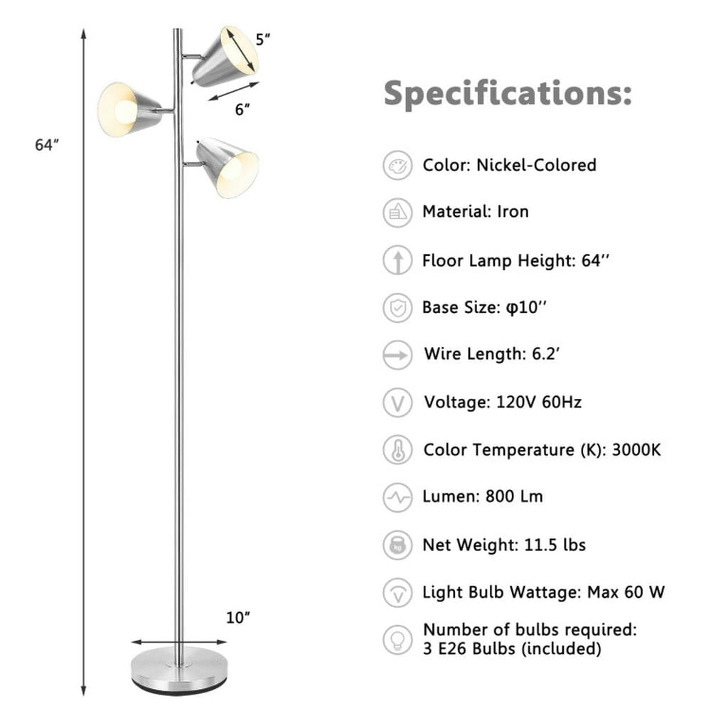 Canddidliike 64 Inch 3-Light LED Floor Lamp Reading Light, Vanity Lights for Living Room Bedroom, Silver