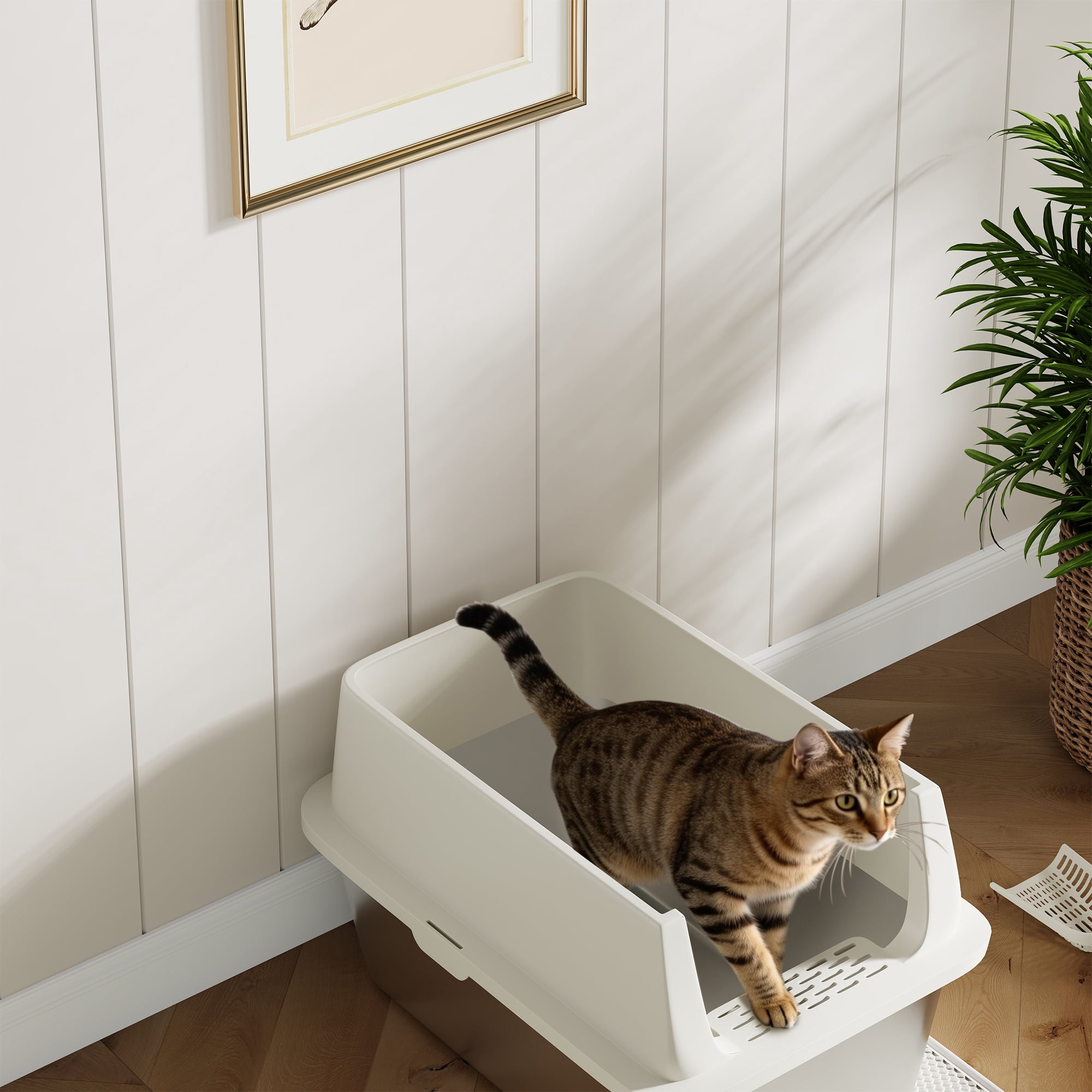 Garvee Large Stainless Steel Cat Litter Box with Lid, Enclosed Metal Litter Box for Big Cats, High Sided Anti-Leakage Design with Scoop and Mat, Odor Control with Carbon Filter