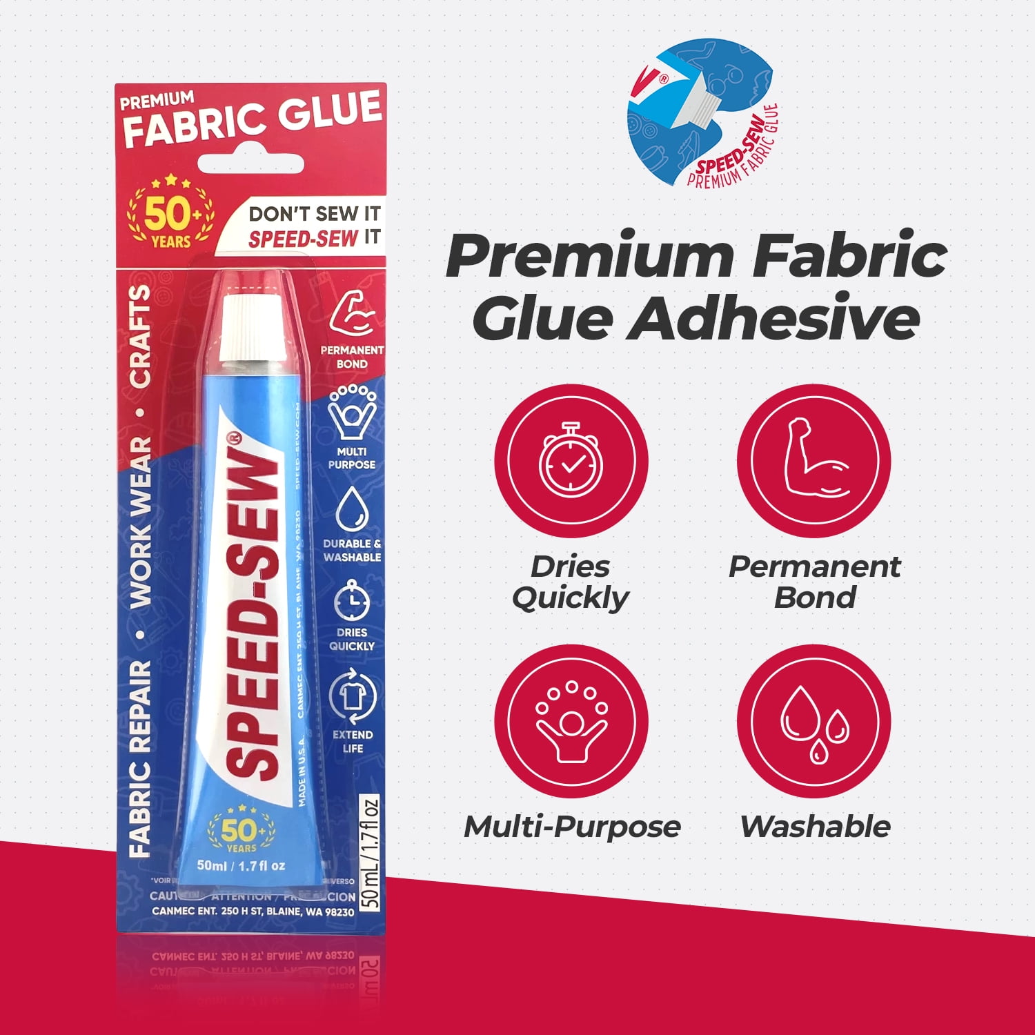 Speed-Sew Premium Liquid Fabric Glue 1.7 oz Fast Drying No Ironing Multi-Purpose No Sew Fabric Adhesive for Craft Projects DIY Clothing Repairs Denim