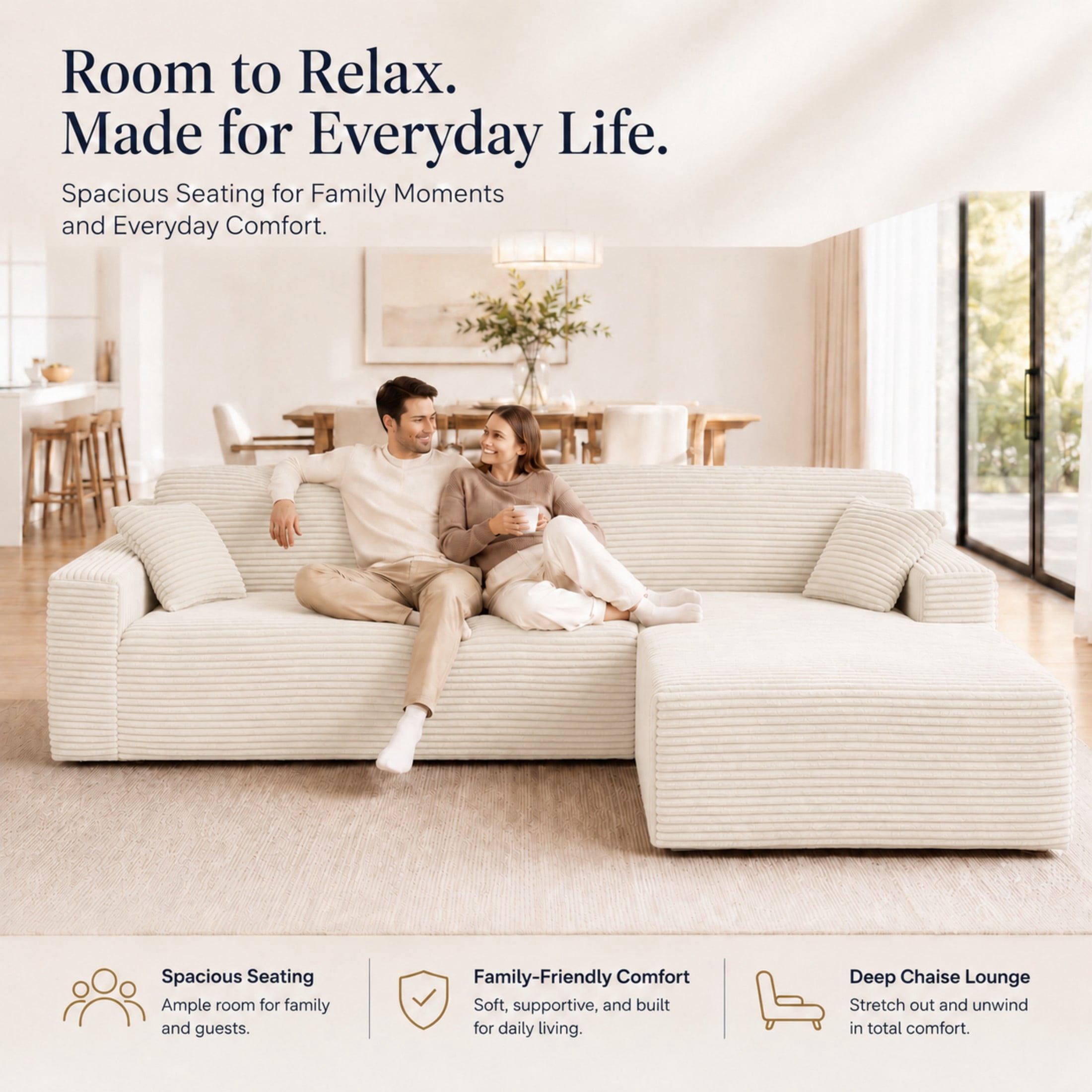 Aenkyo 106 Inch Corduroy L-Shaped Cloud Sectional Sofa with Reversible Chaise, Cream