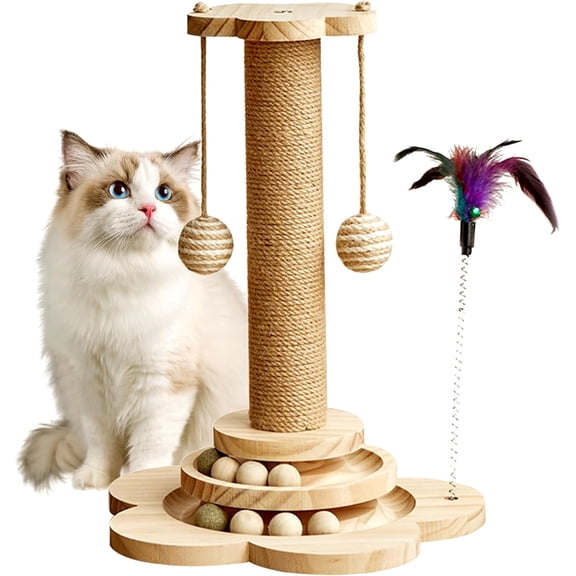 4 in 1 Wooden & Sisal Cat Scratching Post with 2 Level Cat Track Balls & Interactive Feather Toy, Natural Wood