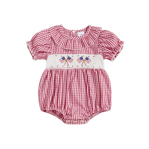 Baby Girl 4th of July Outfit Fourth of July Bubble Romper Plaid Short Puff Sleeve Ruffled Jumpsuit Flag Smocked Bodysuit Summer Clothes 0-2T
