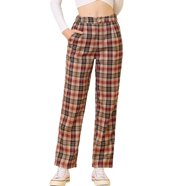 INSPIRE CHIC Pantalones Largos Rectos de Cintura Elástica con Botón y Cremallera para Mujer a Cuadros XL Rojo Marrón Beige