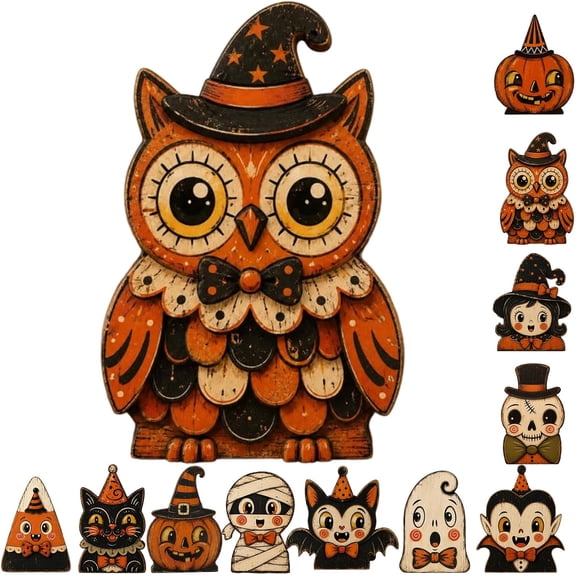 Vintage Halloween Wooden Character Tabletop Decor, Retro Pumpkin Witch Cat Ghost Owl Figurines, Playful Spooky Wooden Signs for Mantel Tiered Tray Autumn Spooky Holiday Home Display (j)