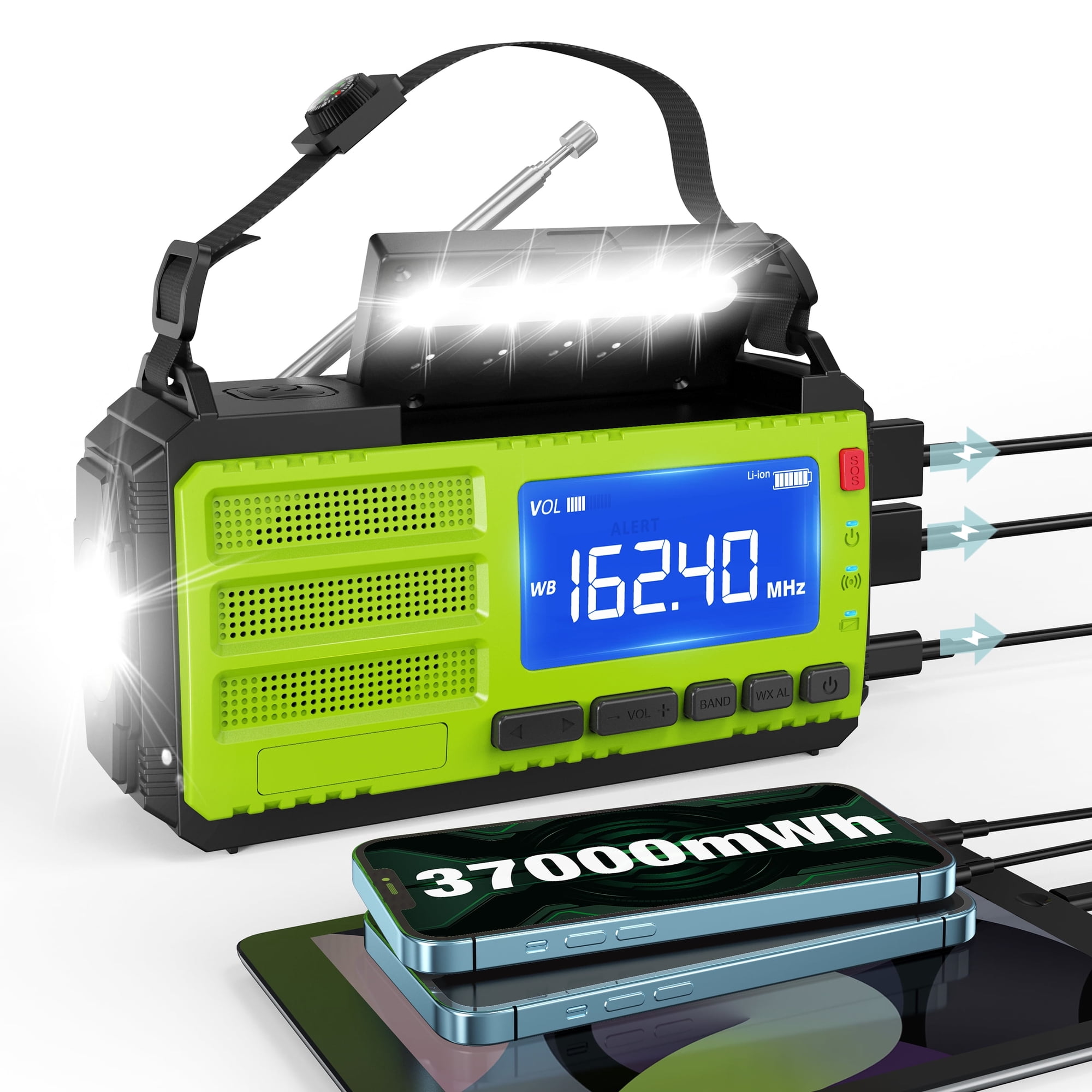 37000mWh Hand Crank Emergency Radio, AM FM NOAA Weather Alert Radio, Portable, Solar, 4 Charging Methods, 3-Mode Flashlight, Reading Lamp, SOS Alarm, Phone Charger for Winter Storm Emergency