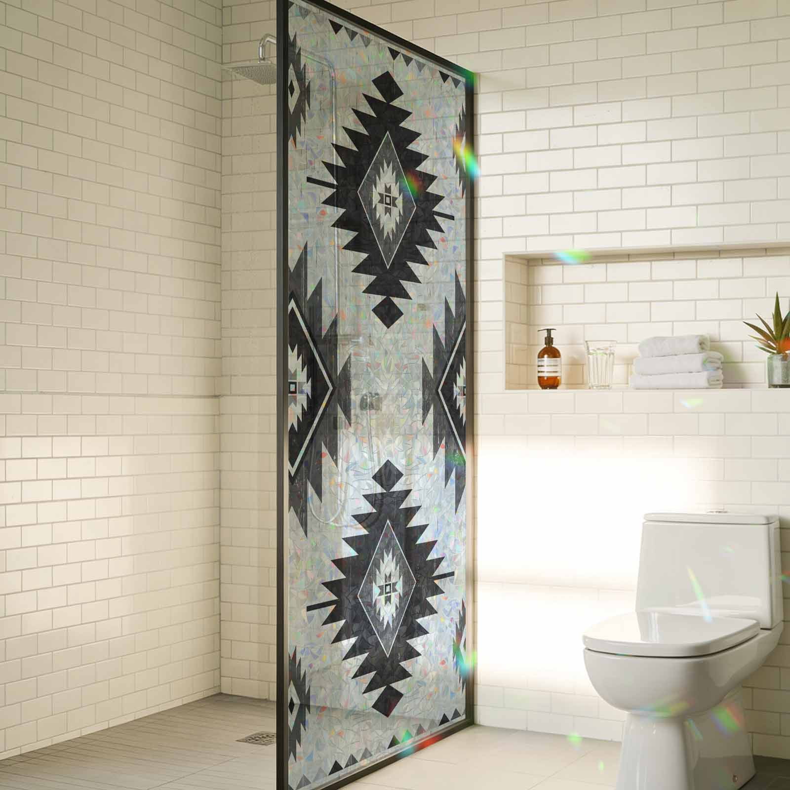Black Aztec Window Privacy Film Stain Glass,Reusable Decorative Rainbow Window Film,Ethnic Southwest Boho Farmhouse Aesthetic Static Cling Sun Blocking Stickers Decals Covers 23.6" x 78.7" (2pcs)