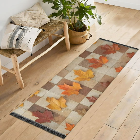 Ryvnso Autumn Leaf on Checkered Bedroom Runner Rug 2'x6' Hallway Area Carpet Non Slip Entryway Mat with Tassels