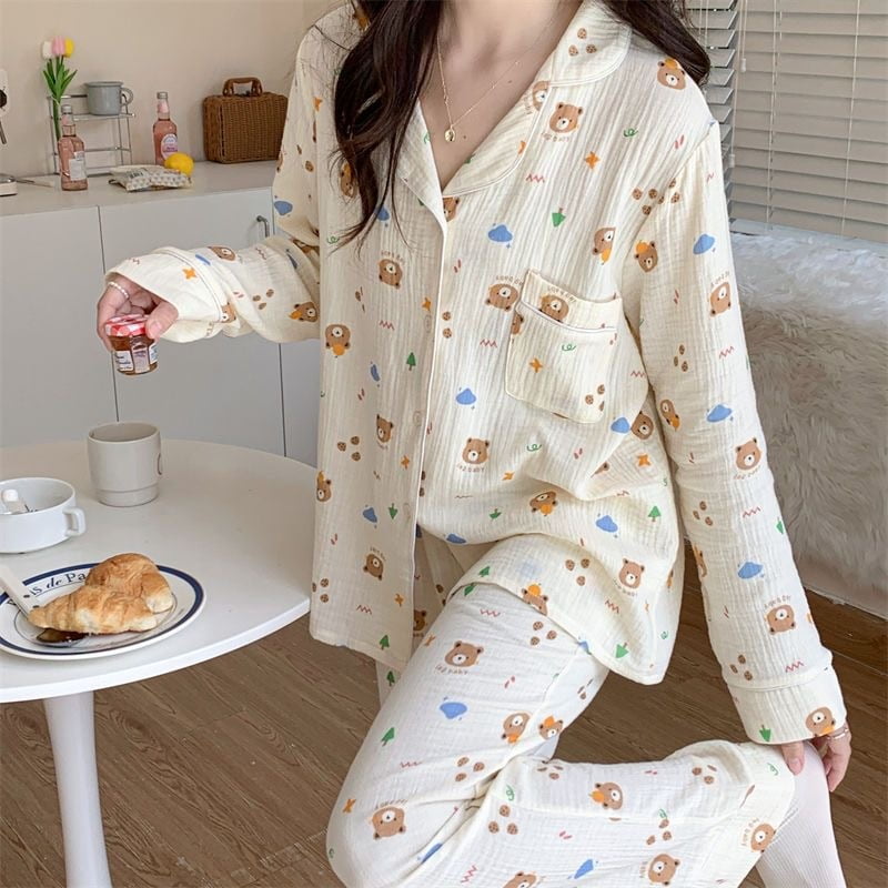Beileda 100 cotton Gauze Pajamas For Women Korean Long Sleepwear Bear Print Pijamas Pyjamas Long Sleeve 2 Piece Female Set Dropshipping Other