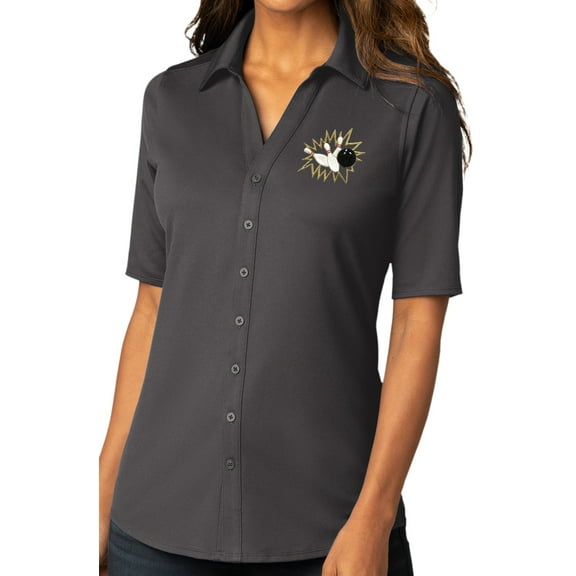 Womens Crashing Bowling Pins Button-Down Stretch Shirt, Large Graphite Gray