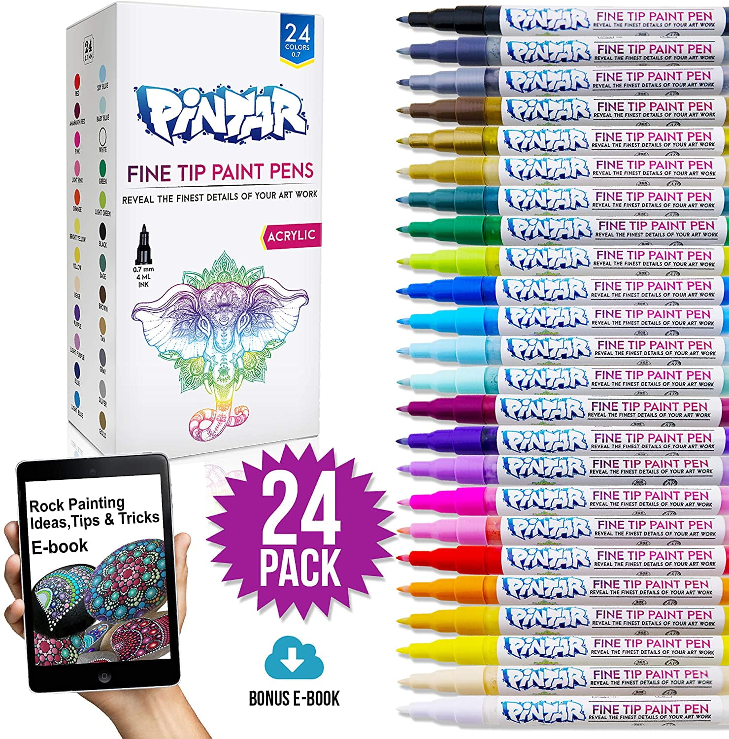 PINTAR Premium Acrylic Paint Pens (24Pack) Fine Tip Pens for Rock