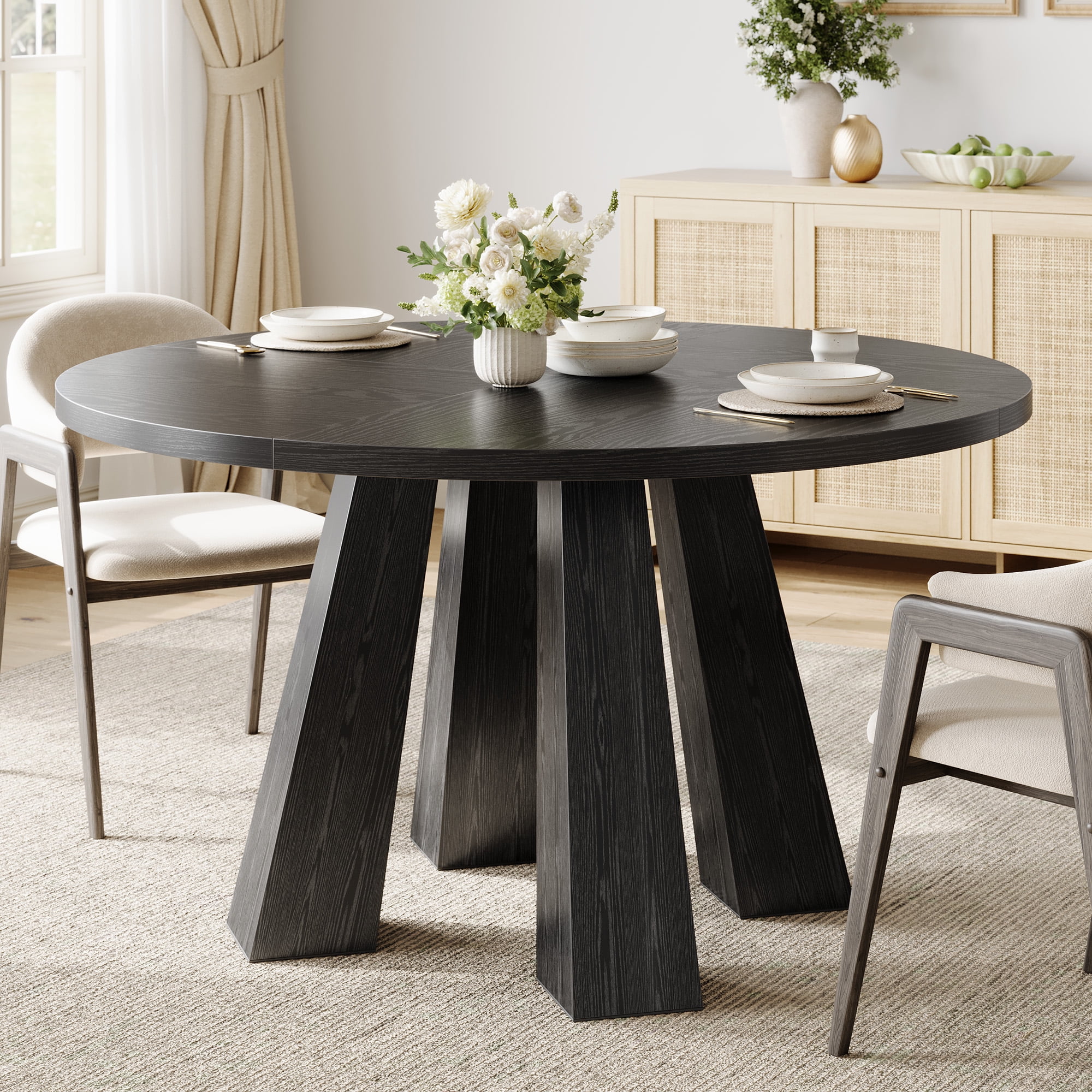 M optimized 47" Round Dining Table for 4-6, Wood Kitchen Table with 4 Strong Legs, Farmhouse Circle Dinner Table for Dining Room, Living Room