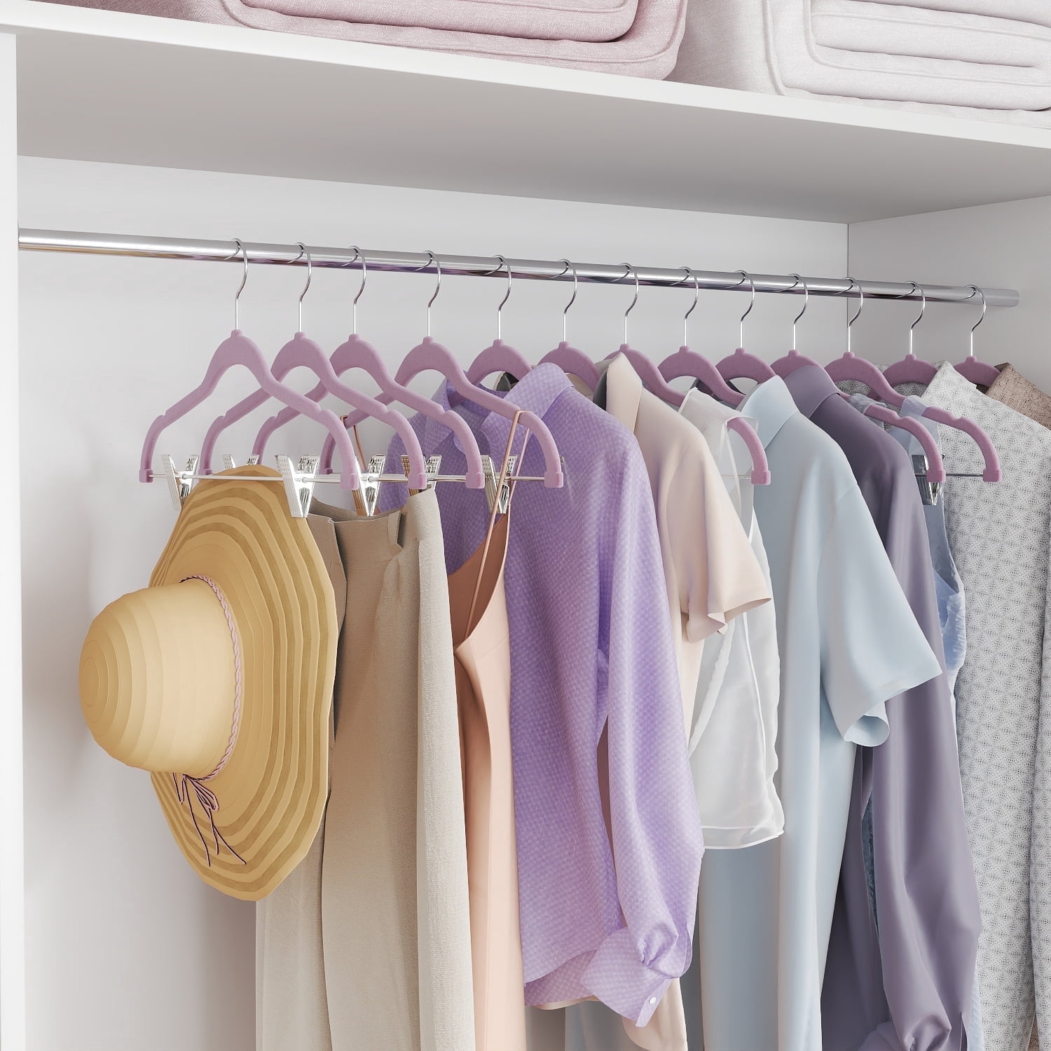 LEDREM 30-Pack Adjustable Velvet Hangers, Heavy-Duty Non-Slip Skirt Hangers, Pants Hangers with Movable Clips, Space-Saving for Dresses & Coats, Pale Purple
