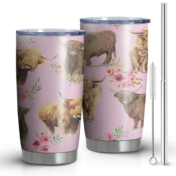 20oz Tumblers Pink Highland Cow Flower Pattern Stainless Steel Vacuum Insulated Double Wall Travel Tumbler Cups Mug with Lid and Straw,Cleaning Brush for Cold & Hot Drinks