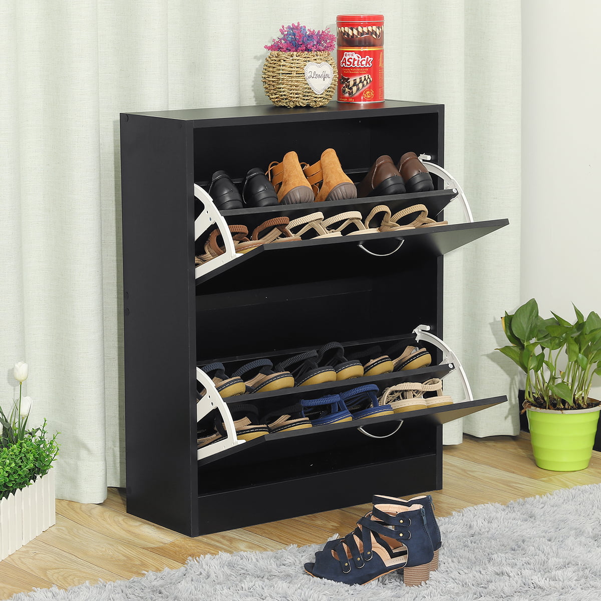 Holds12 Pair of Shoes Wood Shoe Cabinet Tilting Storage Cabinet Shoe 