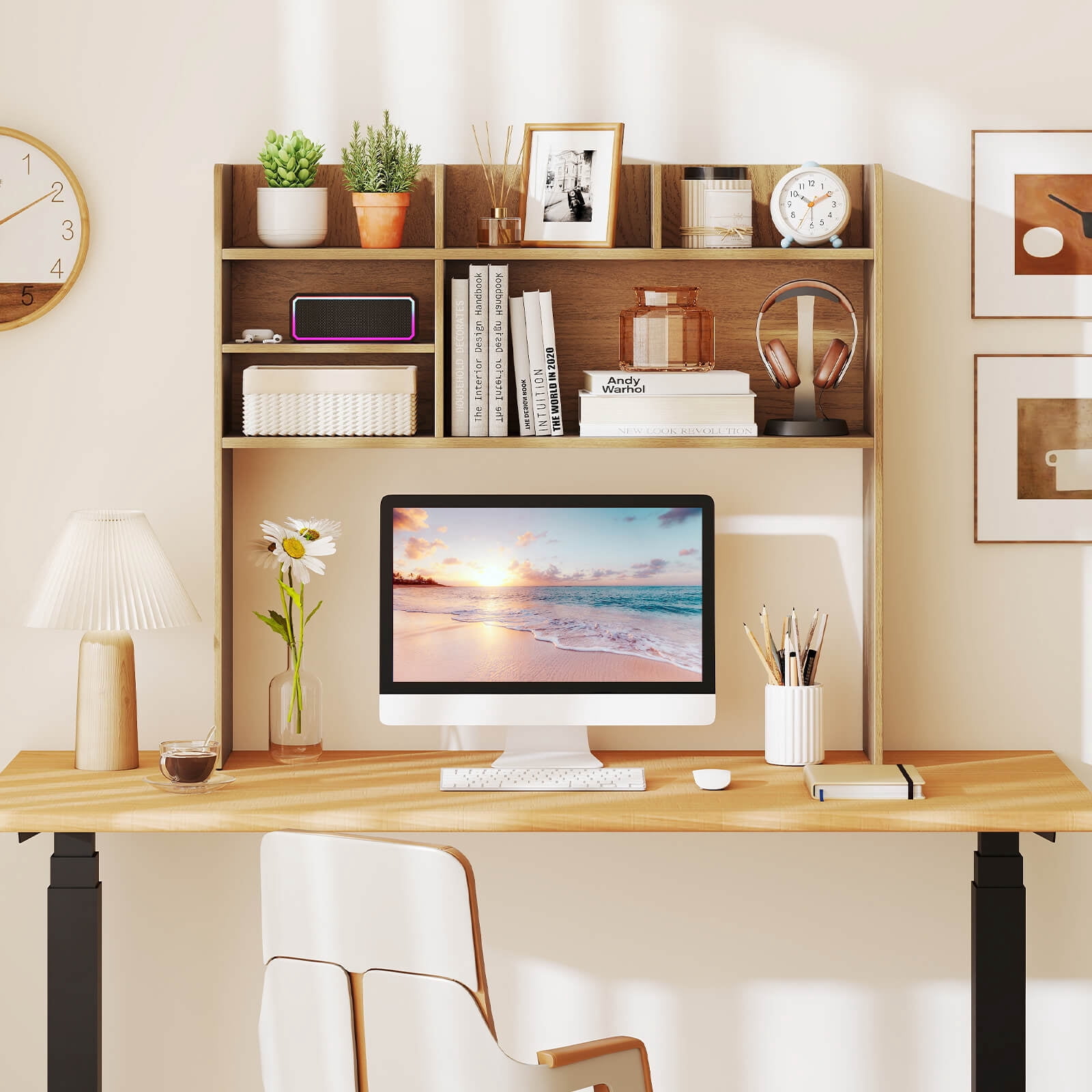 Costway 3-Tier Desktop Bookshelf with 6 Shelves Desk Organizer for Computer Desk Natural