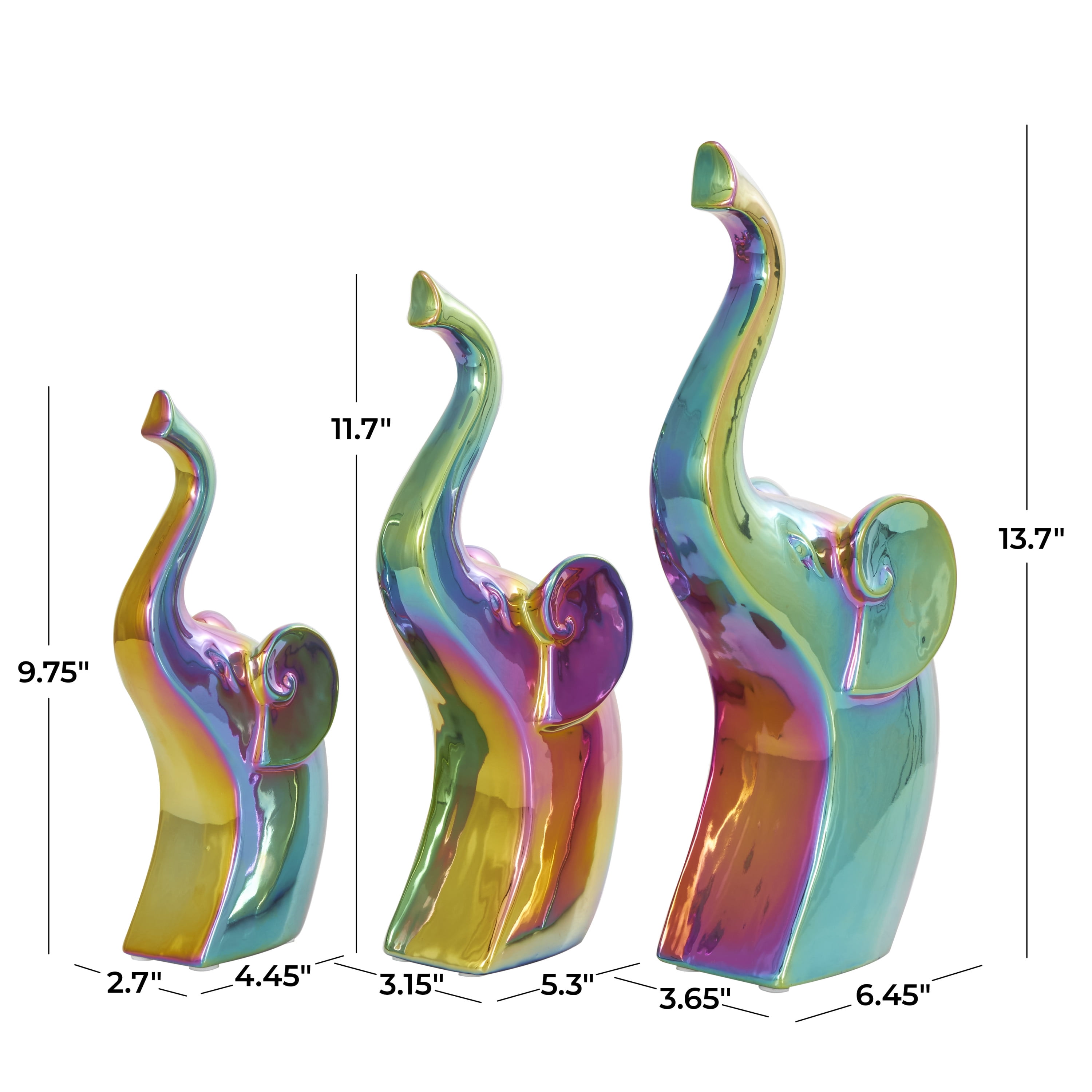 14", 12", 10"H Multi Colored Ceramic Elephant Sculpture with Rainbow Shimmer Finish, by DecMode (3 Count)
