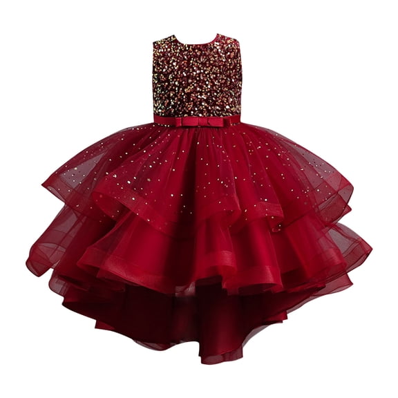 Zpanxa Dresses for Girls, Girls' Summer Solid Color Sleeveless Round-Neck Mesh Princess Dress Red 14 Years