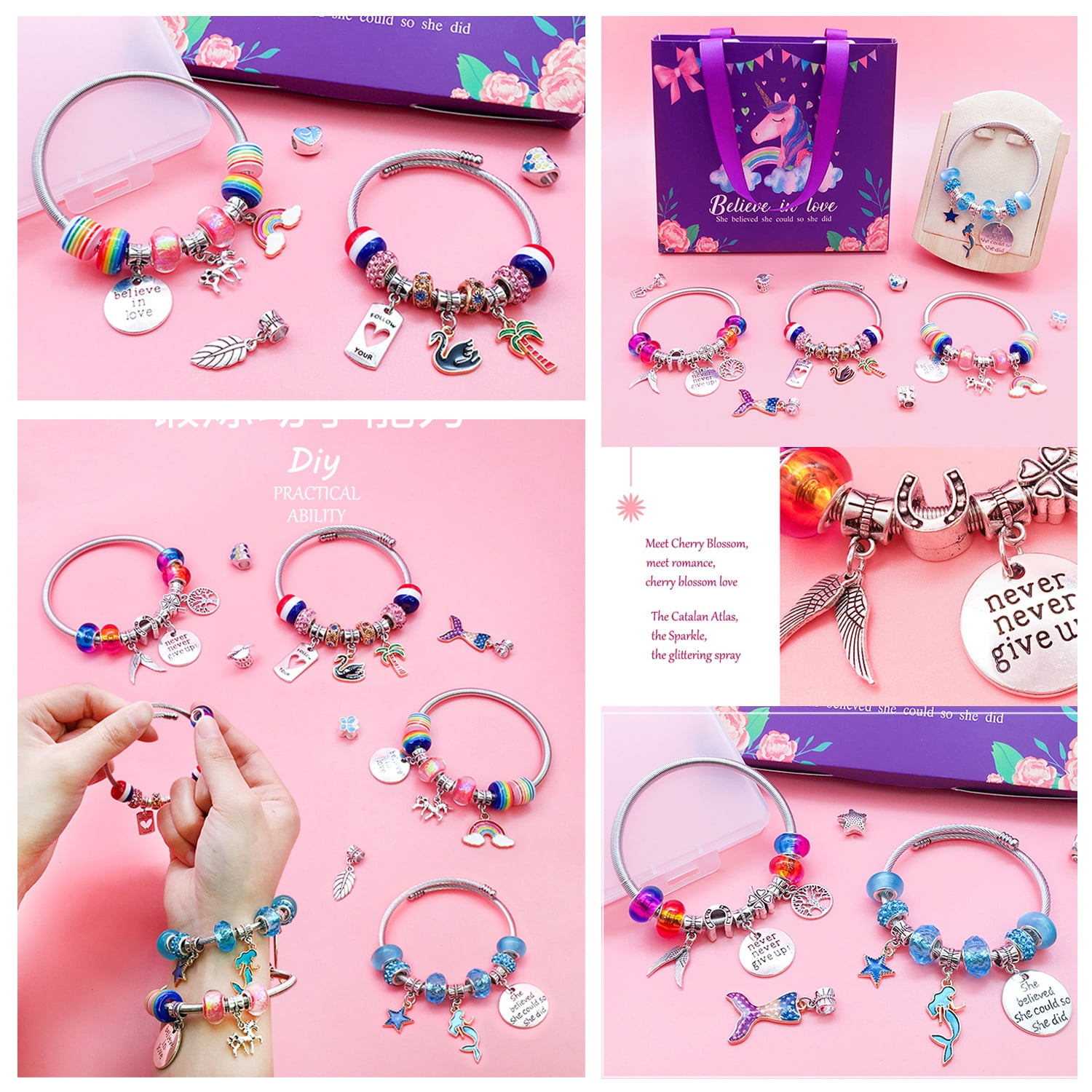 Goyunwell Charm Bracelet Making Kit Bead Jewelry Making Set Unicorn Mermaid  Craft Gift for Little Girl Kid Multi-colors 