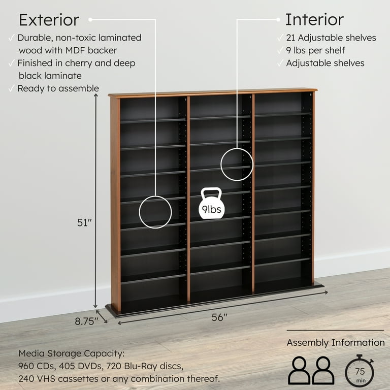 Prepac Triple Width Multimedia Wall Storage, Cherry and Black Prepac Triple Width Multimedia Wall Storage, Cherry and Black