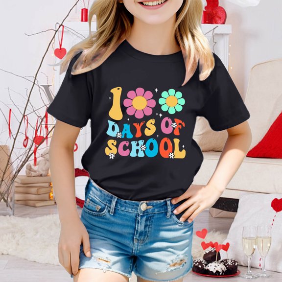 School Uniform Tshirts Kids Fashion Graphic Crewneck T Shirt Short Sleeve Loose Boys Graphic Tees Black 4-5 Years