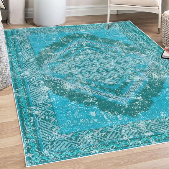 Rustic Area Rug with Non-Slip Backing, Warm Ethnic Colors of Abstract Geometric Tribal Ornaments Mesh Grid Shapes, Quality Carpet for Bedroom and Room, 6.6' X 9.6', Sea Blue Dark Teal, by Ambesonne