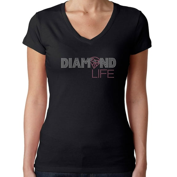 Womens T-Shirt Rhinestone Bling Black Tee Diamond Life Pink Sparkle V-Neck Large