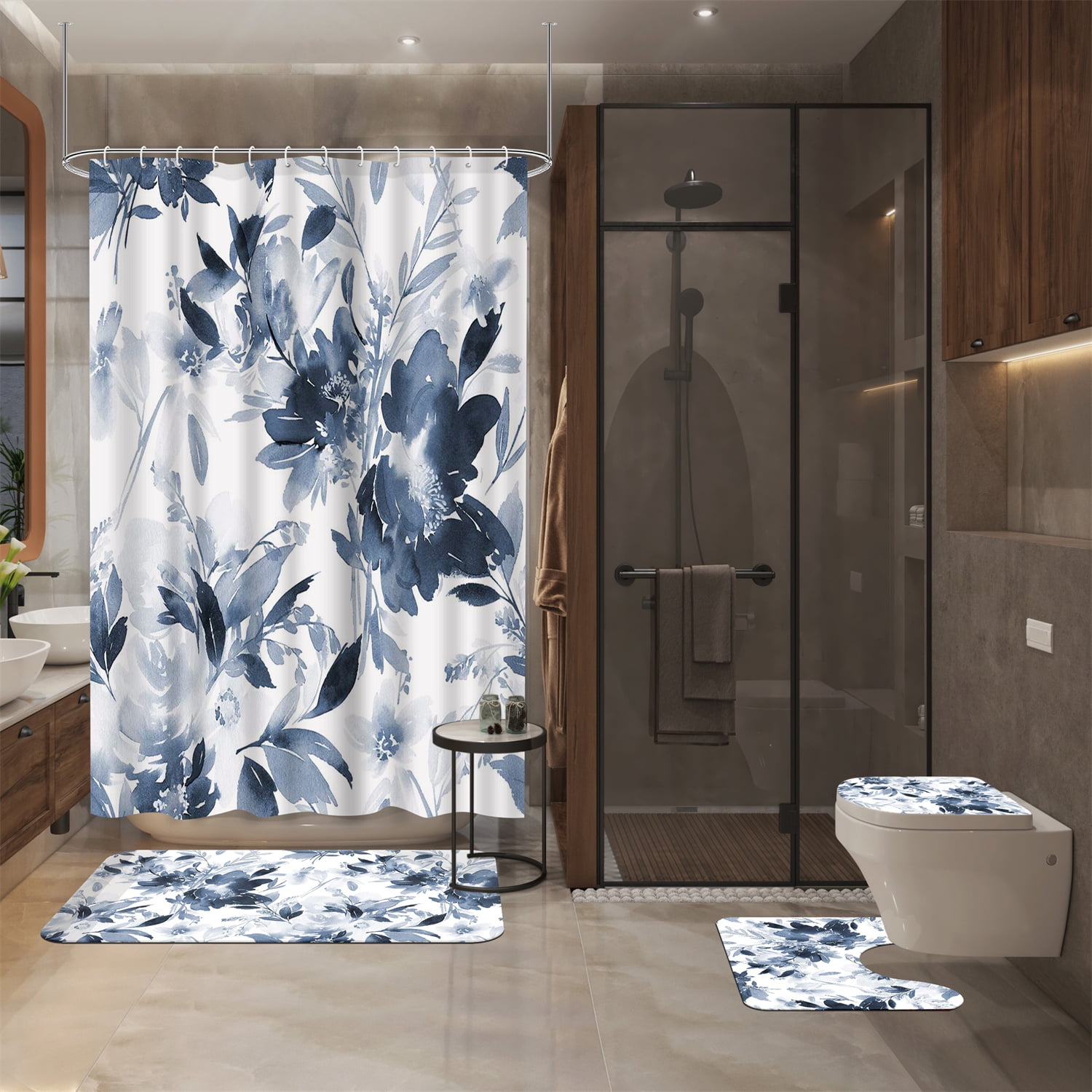 4pcs Navy Blue Watercolor Ink Floral Shower Curtain Set with Hooks