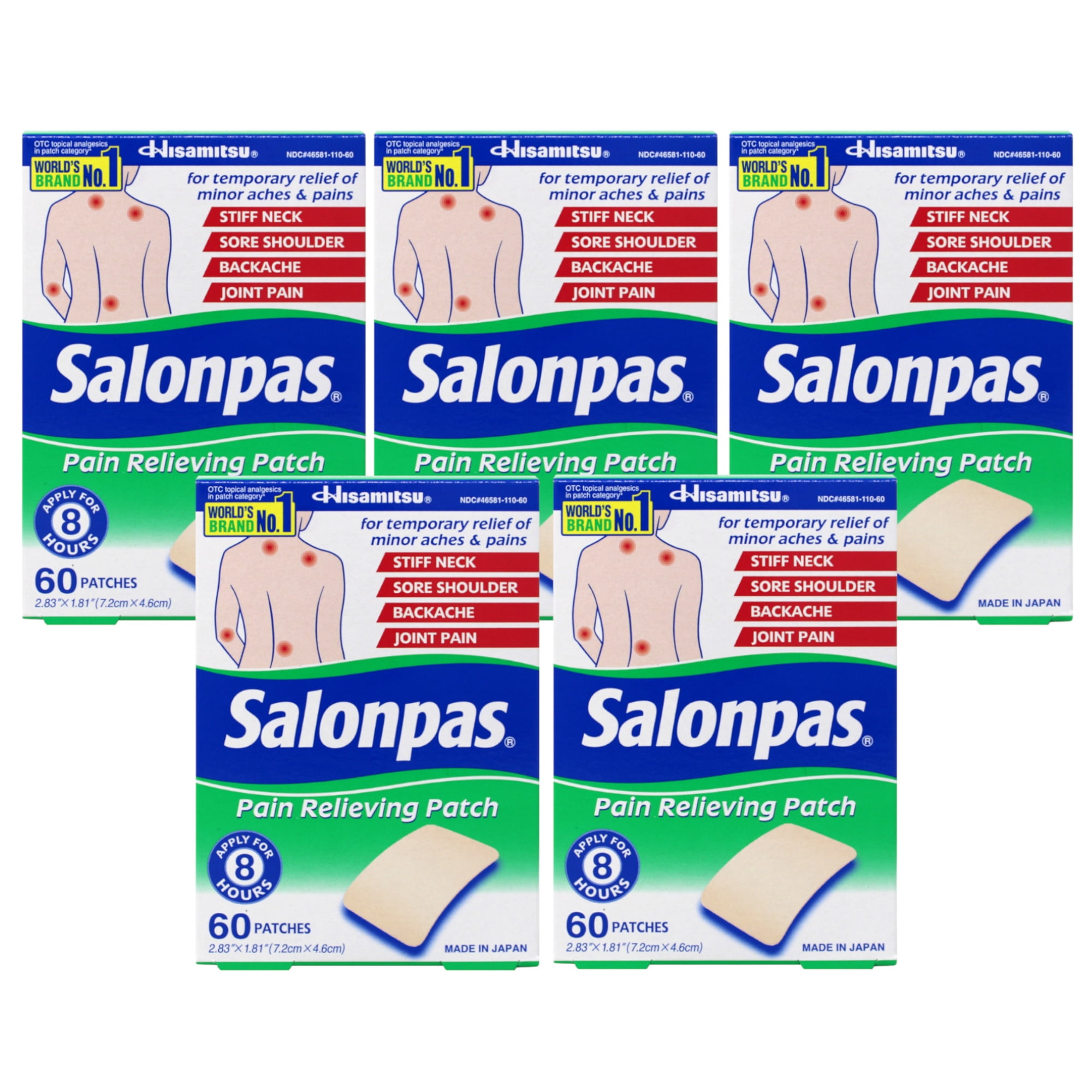 Salonpas Pain Relieving Patch, Topical Analgesic Patch, Temporary Relief of Minor Aches and Pains, Apply Up to 8 Hours, 60 Count (Pack of 5)