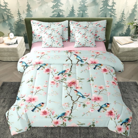 Homewish Pink Cherry Blossoms Twin Bedding Sets 7-Piece, Rustic Birds Animal Bedding Comforter Set, Vintage French Style Reversible Sheet Sets, Super Cozy Room Decor