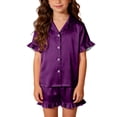 thumbnail image 4 of Cethrio Girls' Pajama Sets, Casual Short Sleeve 3-piece Lapel Collar Girls' Sleepwear Purple Size 14, 4 of 8