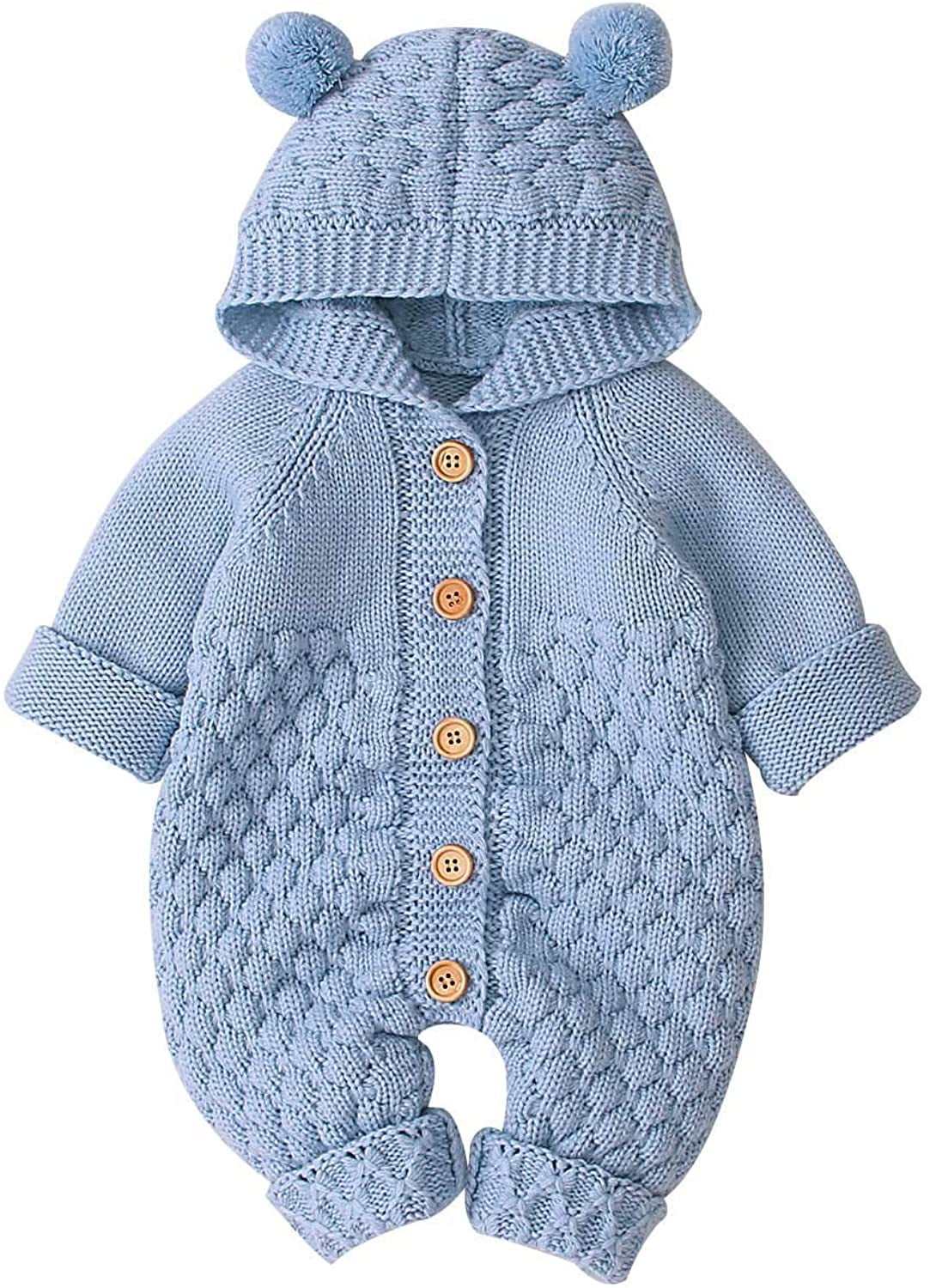 Newborn Baby Girls Boys Warm Winter Knit Outwear Sweater Hooded Romper Jumpsuit 