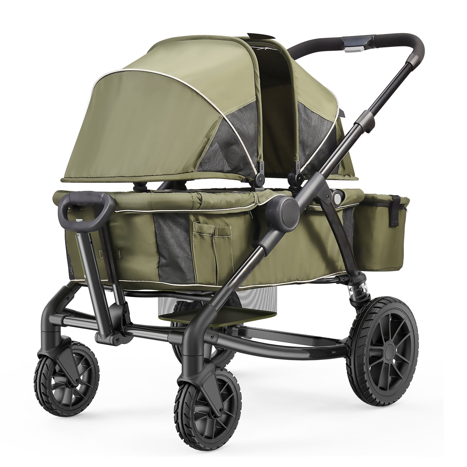 KFFKFF Off-Road Wagon-Stroller Hybrid, Dual-Seating, Easily Foldable for Travel, Comes with Shade Cover, Storage for Essentials, Beverage & Snack Tray, 55lbs Capacity per Seat, in Olive Green