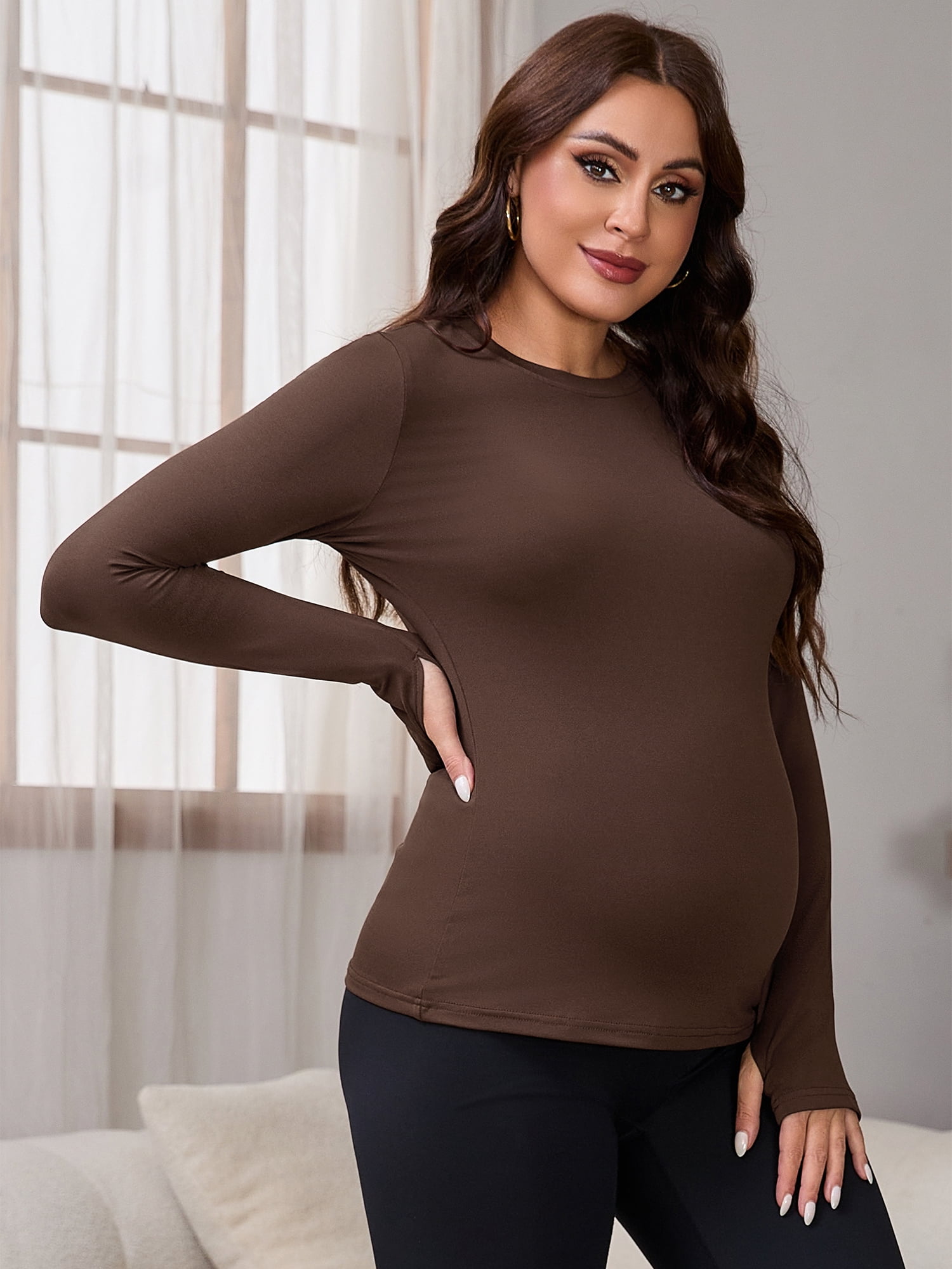 DARING DIVA Women's Maternity Stretchy Fitted Crew Neck Long Sleeve Tops S Brown