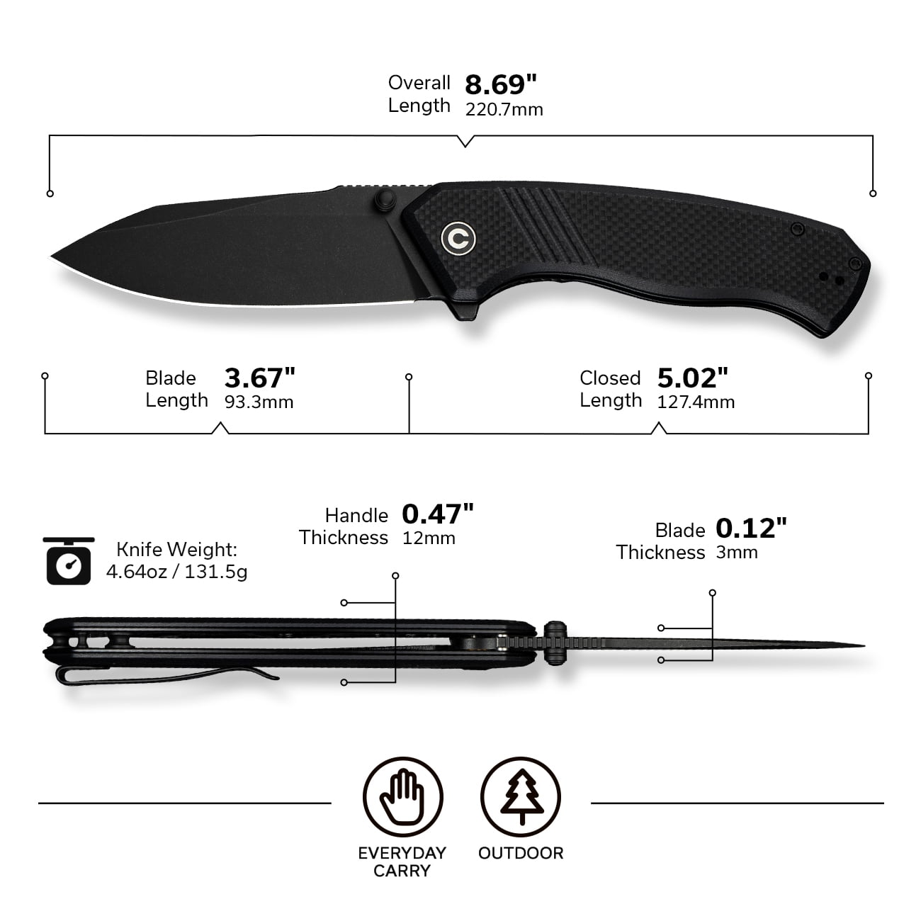 CIVIVI Placoid Pocket Folding Knife with 3.67" 14C28N Blade G-10 Handle For Men Women Gift C23079-1