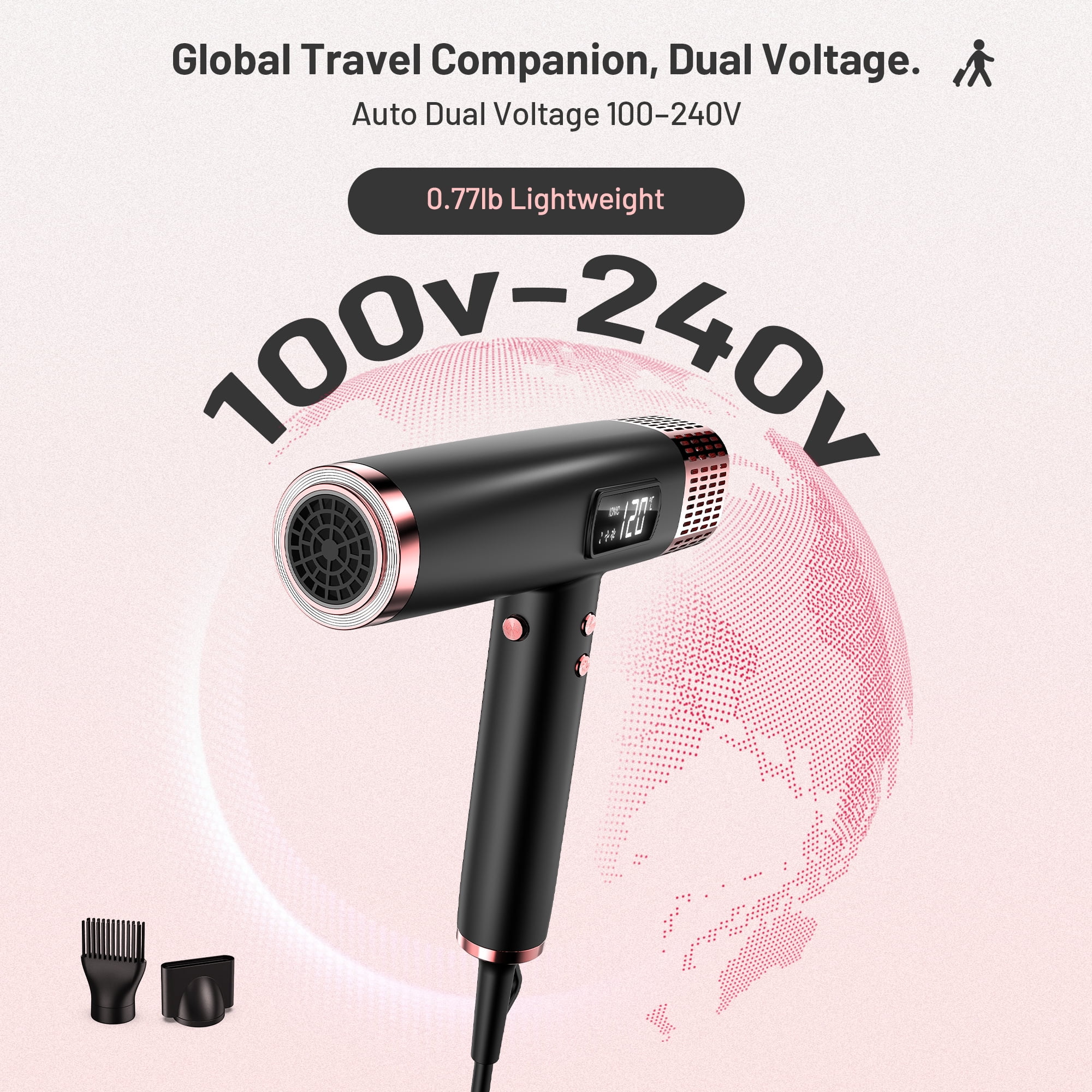 Dual Voltage Ionic Hair Dryer with Diffuser, High Speed Ionic Hair Dryer, Fast Drying, No Heat Damage, Instant Heat Blow Dryer with 3 Attachments, LCD Screen