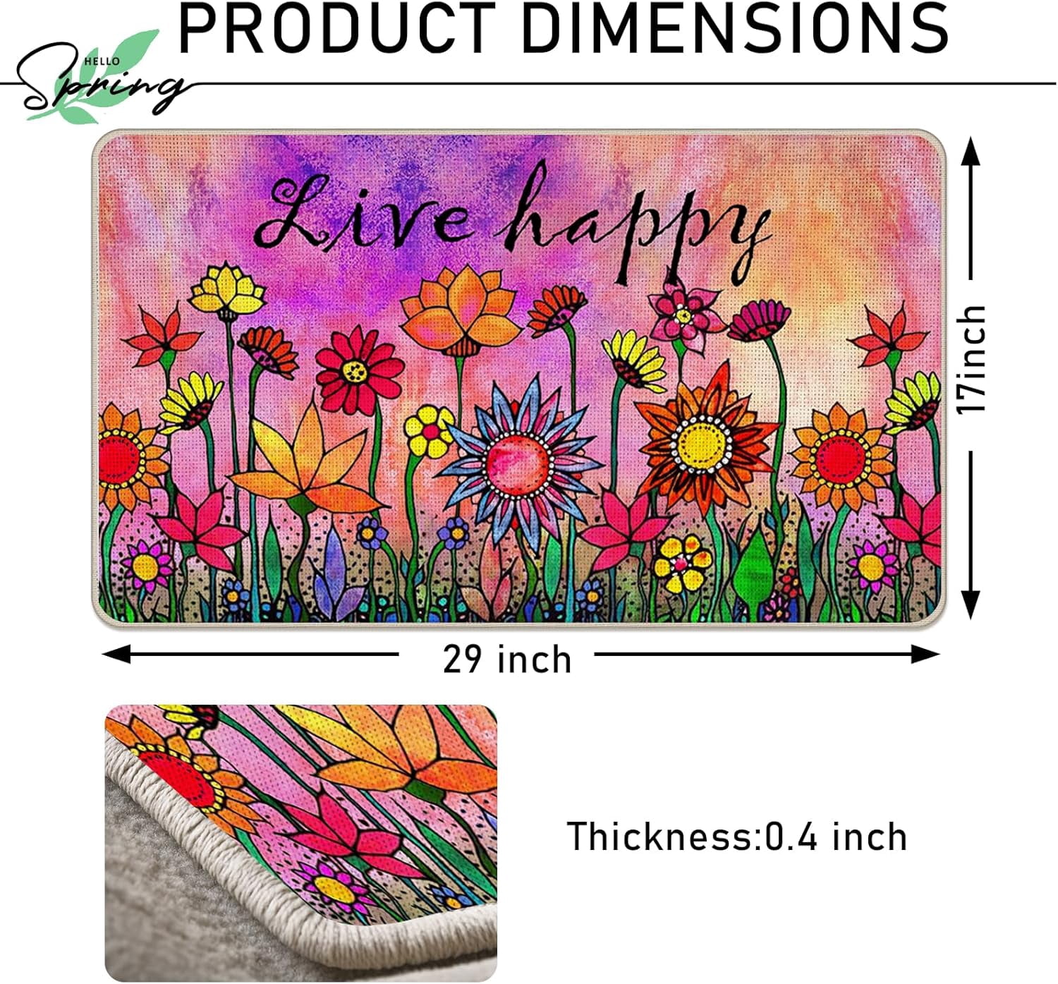 Spring Summer Live Happy Sunflower Decorative Front Door Mat, Watercolor Abstract Floral Doormat Indoor Outdoor Non-Slip Floor Entryway Rug, Fall Seasonal Home Kitchen Decoration 17x30 Inch