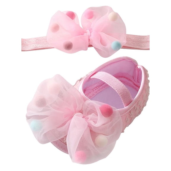 Ame Fashion Baby Girl Polka Dot Net Yarn Cotton Bowknot Princess Shoes Toddler Soft Sole Walking Shoes Headband Set 0-18 Months