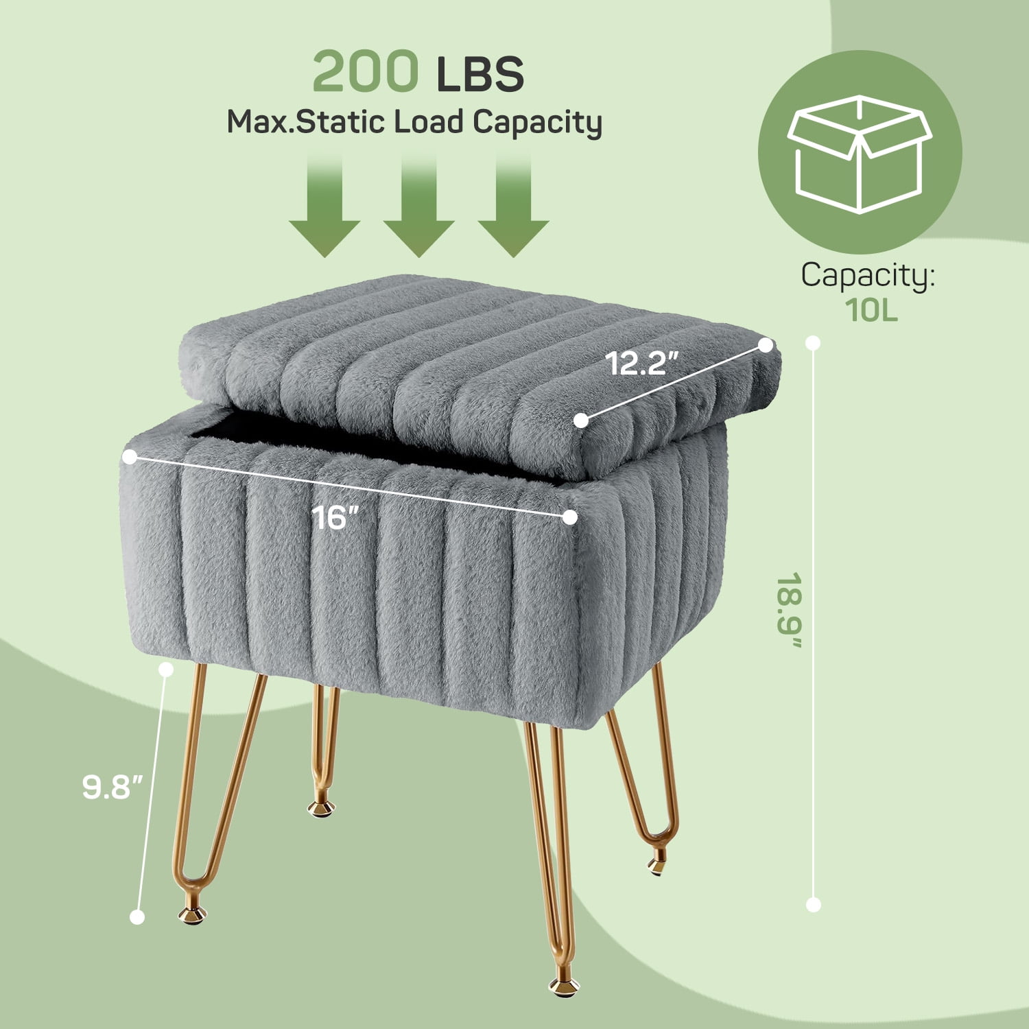 Parcus Faux Fur Vanity Stool with Storage, 16"L x 12.2"W x 18.9"H, Makeup Ottoman Chair with Padded Seat, 4 Metal Legs & Adjustable Anti-Slip Feet